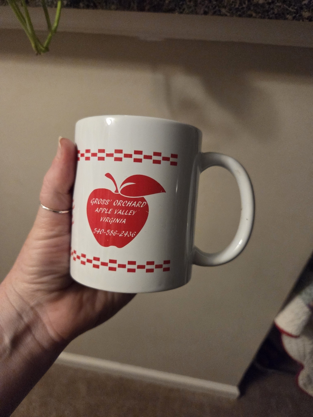 White and red small coffee cup Gross orchard apple valley Virginia